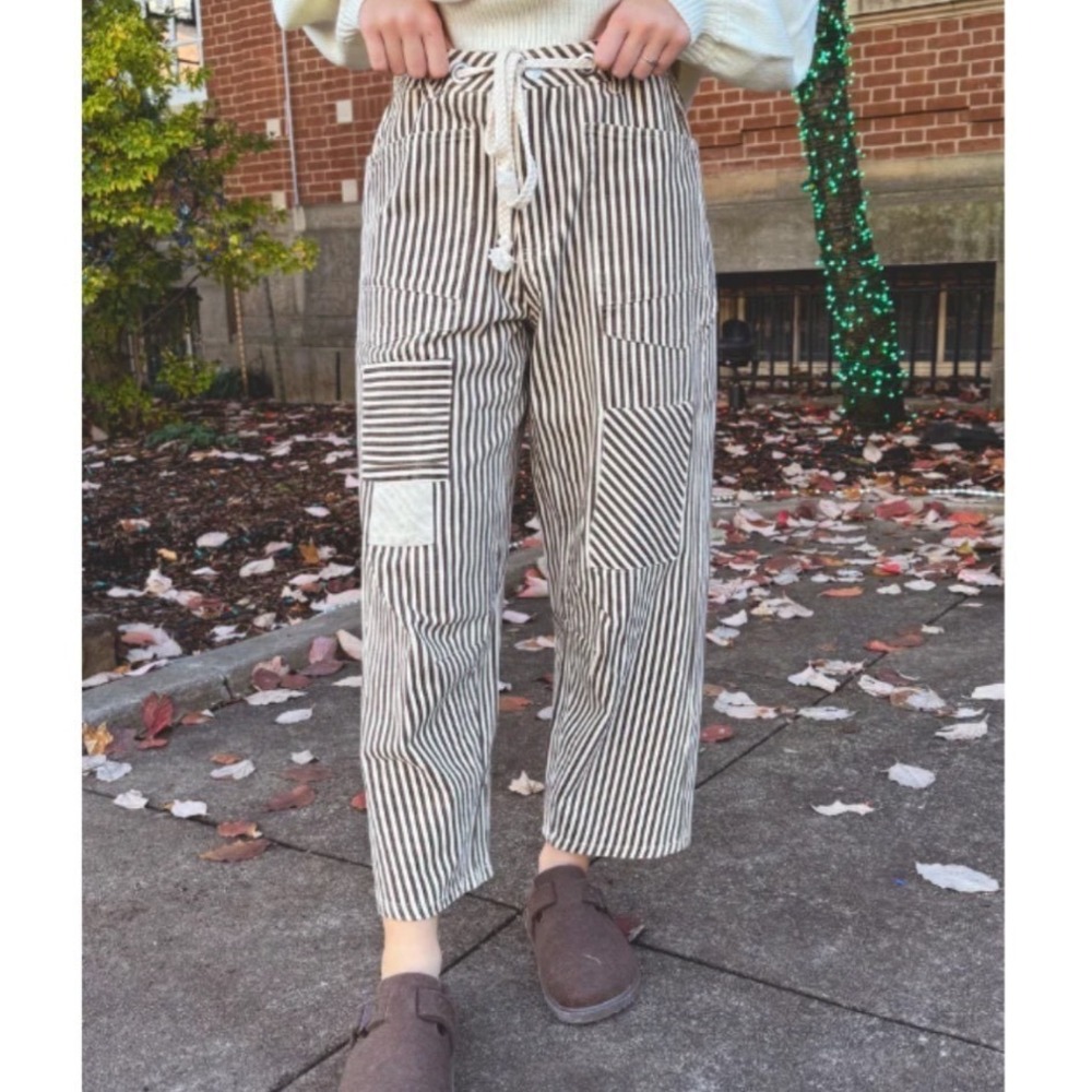 New Striped Utility Patchwork Pants Olive Green White Drawstring High Waist L
